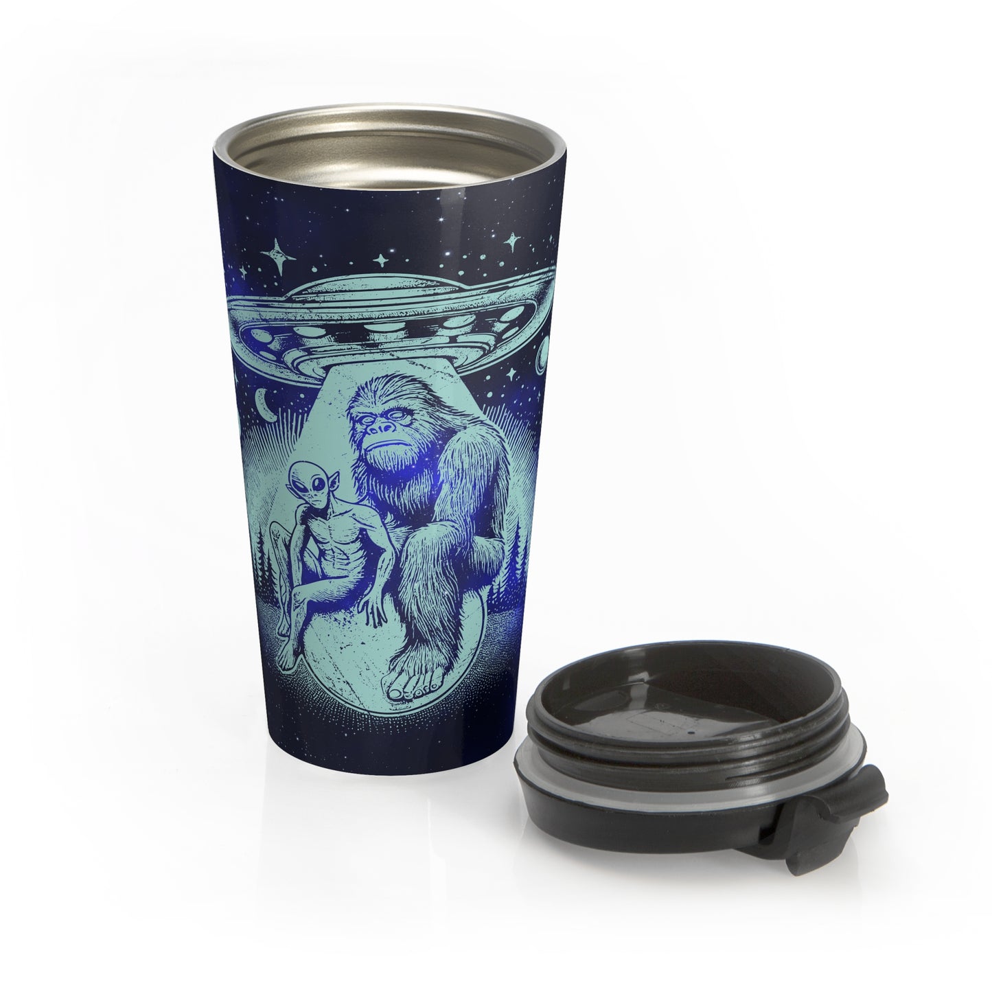 Alien and Bigfoot UFO Stainless Steel Travel Mug – 15oz