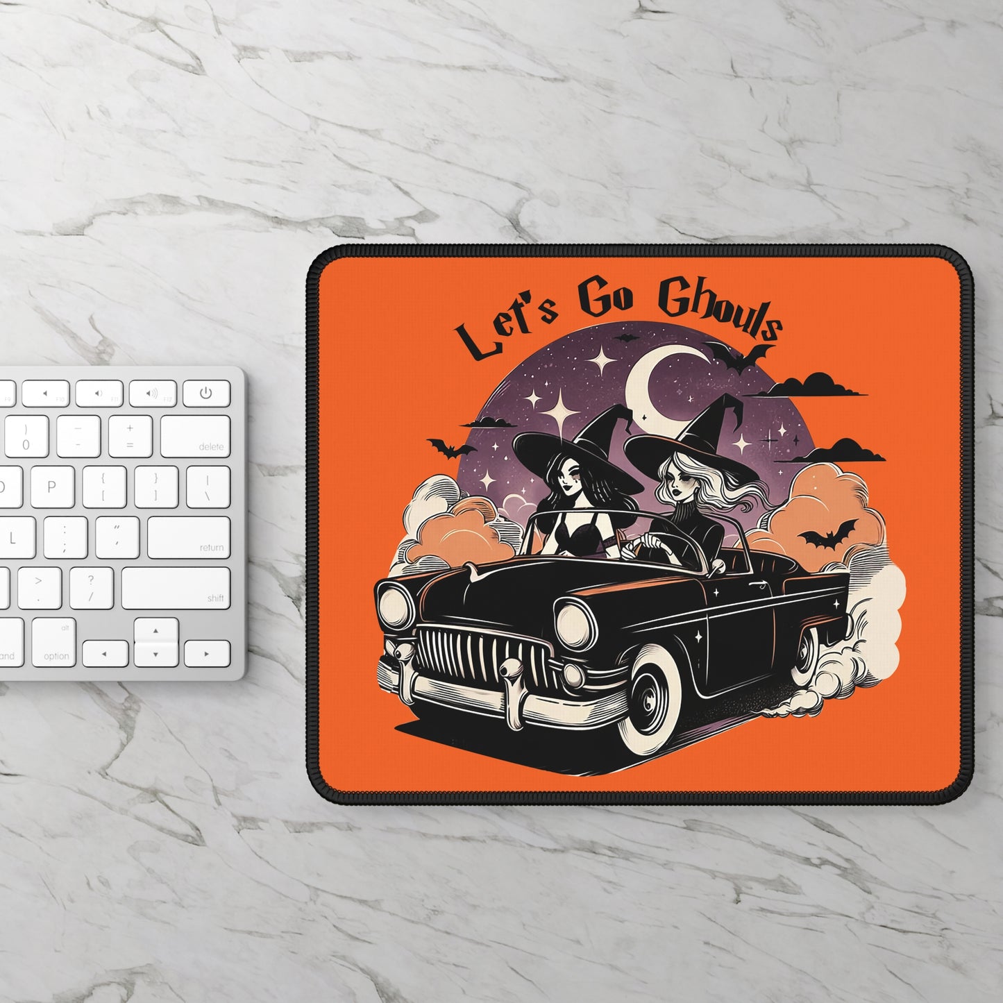 Let’s Go Ghouls Mouse Pad – 9x7 Neoprene Desk Mat with Retro Witch Car Design