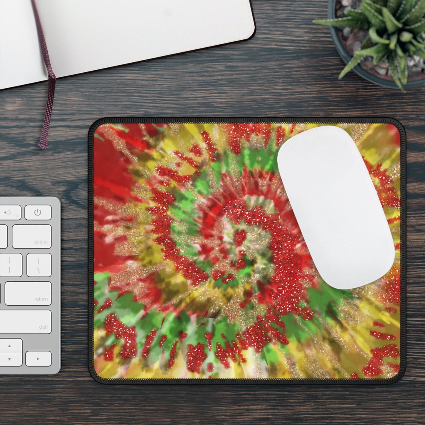 Golden Christmas Tie-Dye Mouse Pad – 9x7 Neoprene Desk Mat with Red, Green, and Gold Spiral Design