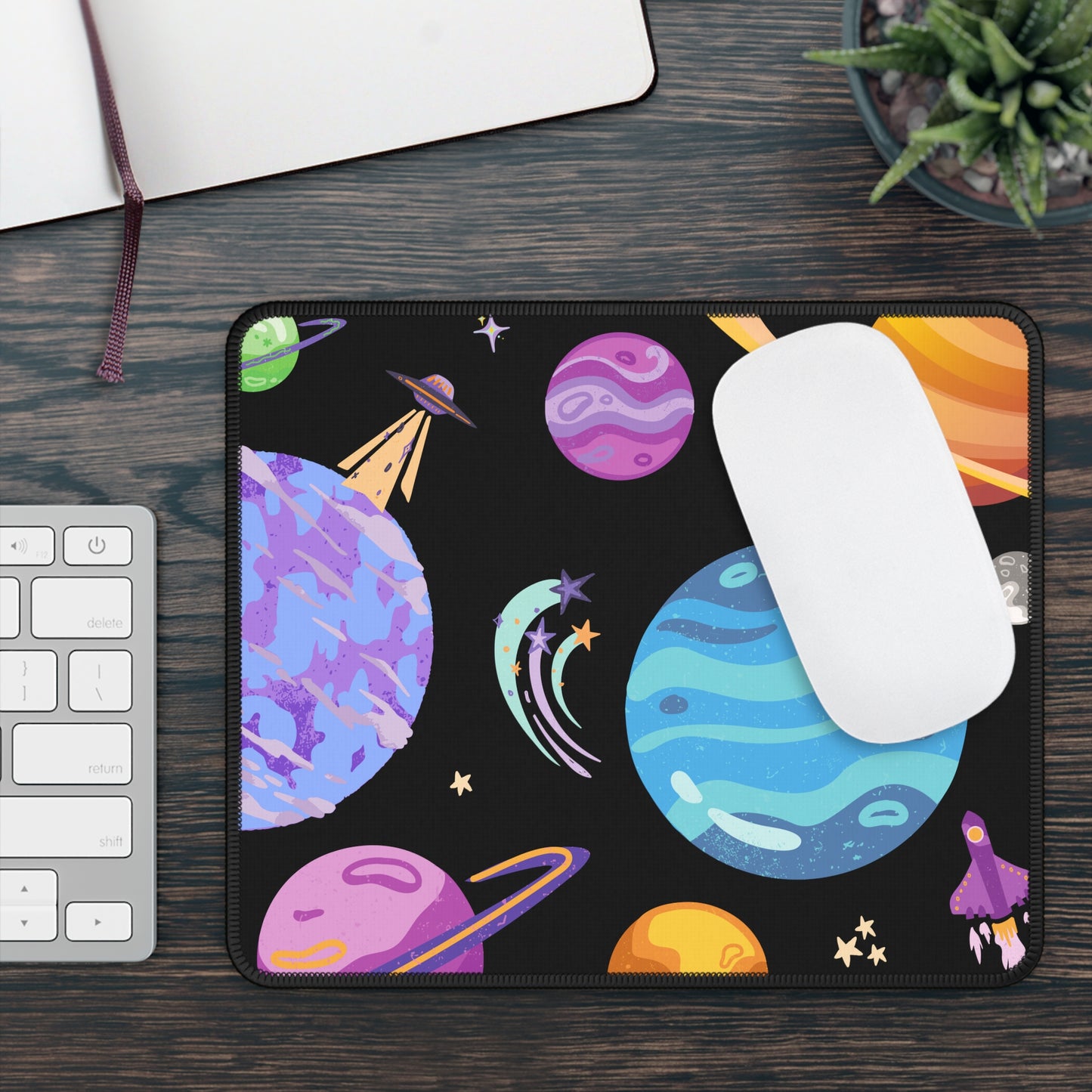 Cosmic Adventure Mouse Pad – 9x7 Neoprene Desk Mat with Colorful Planets and Space Design