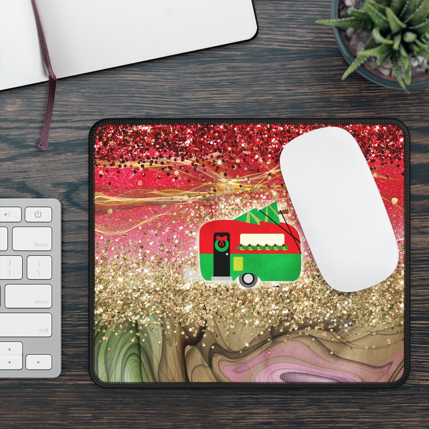 Holiday Camper Mouse Pad – 9x7 Neoprene Desk Mat with Red and Gold Glitter Design