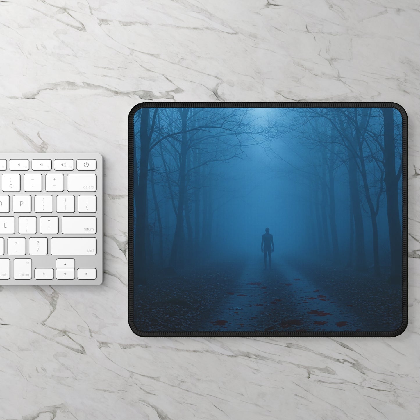Midnight Stalker Mouse Pad – 9x7 Neoprene Desk Mat with Creepy Forest and Blue Mist Design