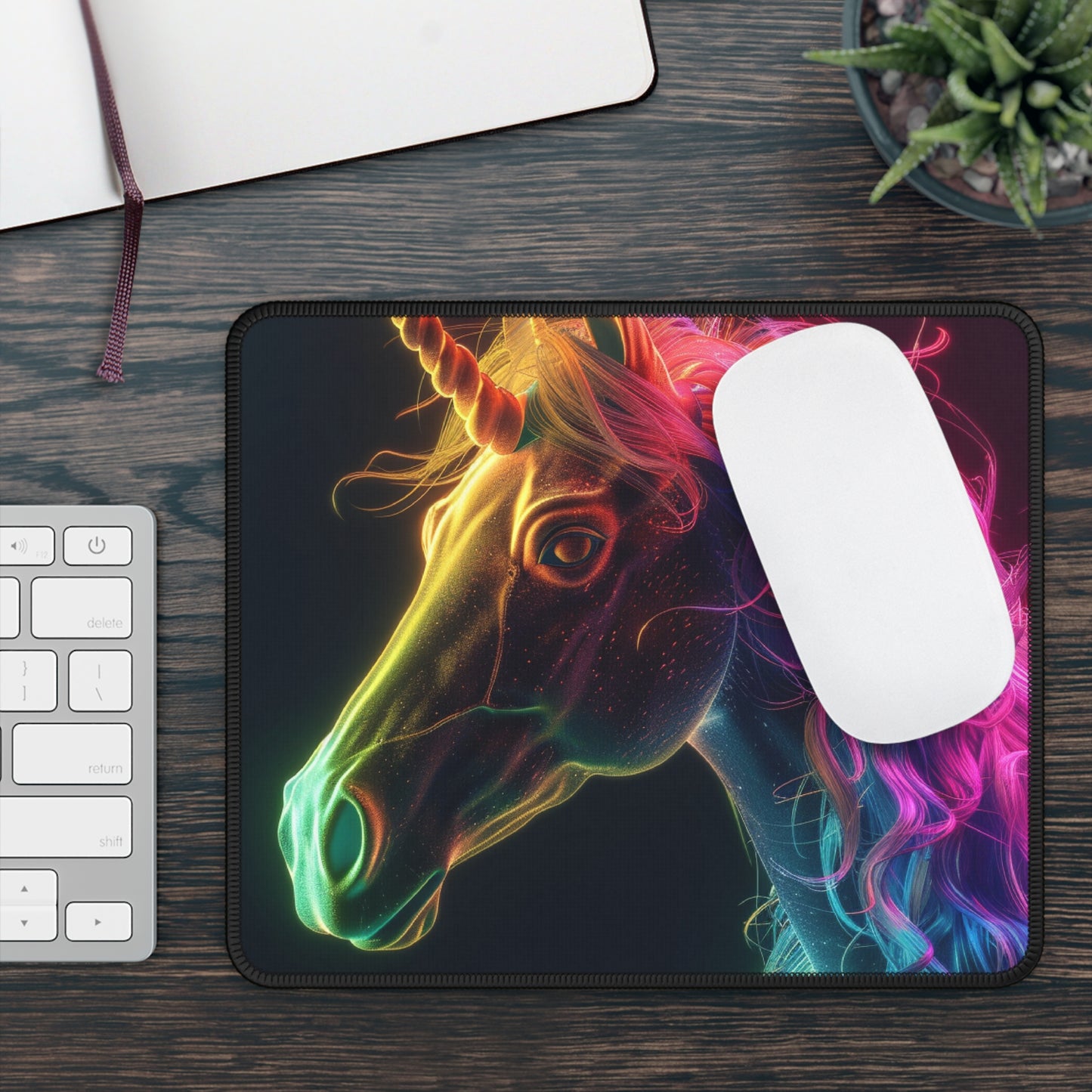 Prismatic Unicorn Mouse Pad – 9x7 Neoprene Desk Mat with Radiant Neon Rainbow Design