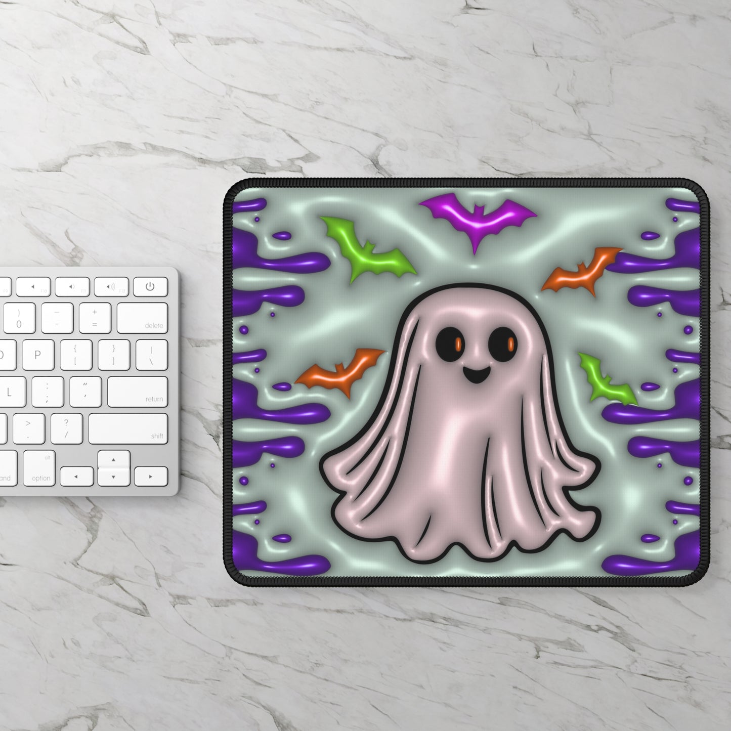 Cute Ghost Mouse Pad – 9x7 Neoprene Desk Mat with Spooky Bats and Pastel Halloween Design