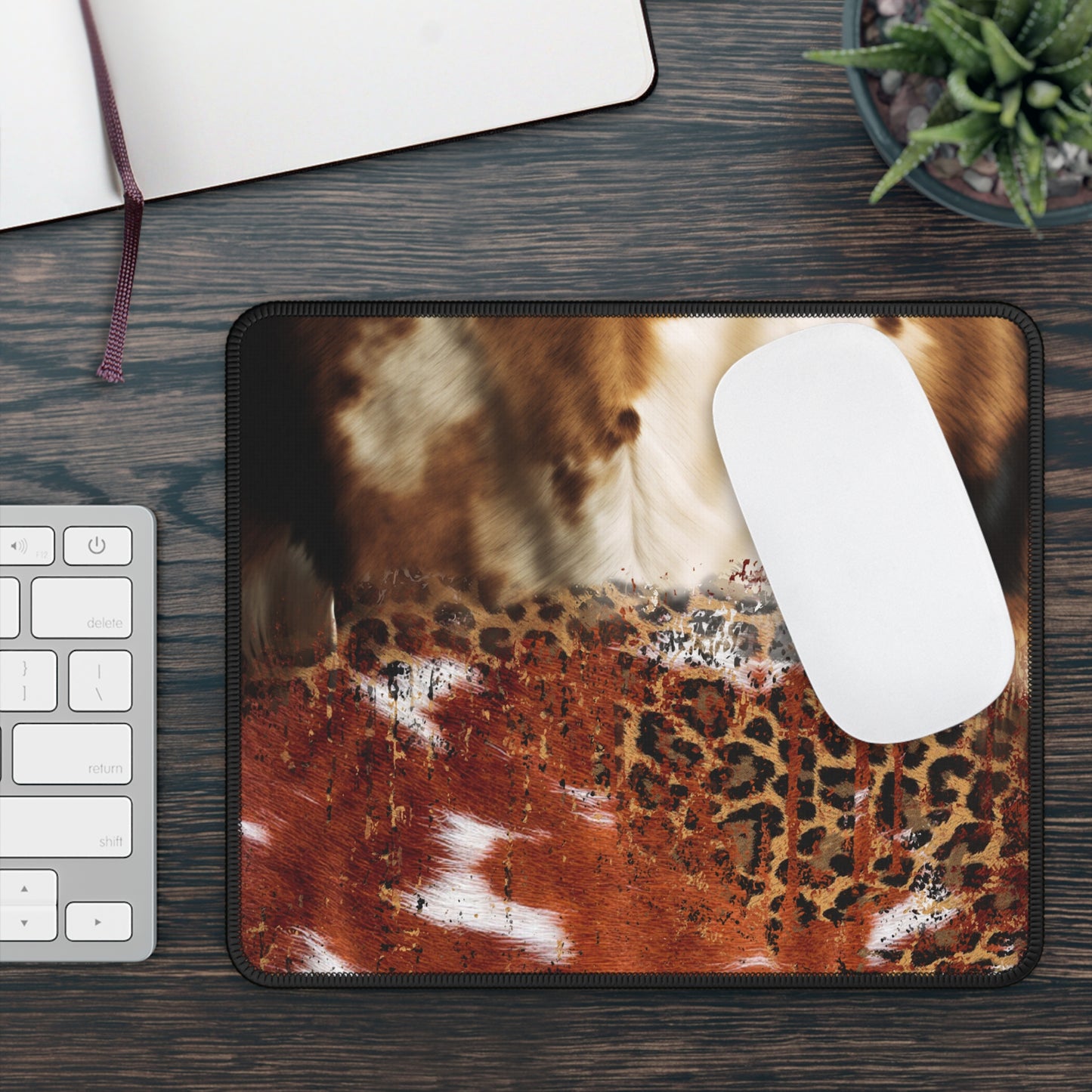 Wild Terrain Mouse Pad – 9x7 Neoprene Desk Mat with Cowhide and Leopard Print Fusion Design
