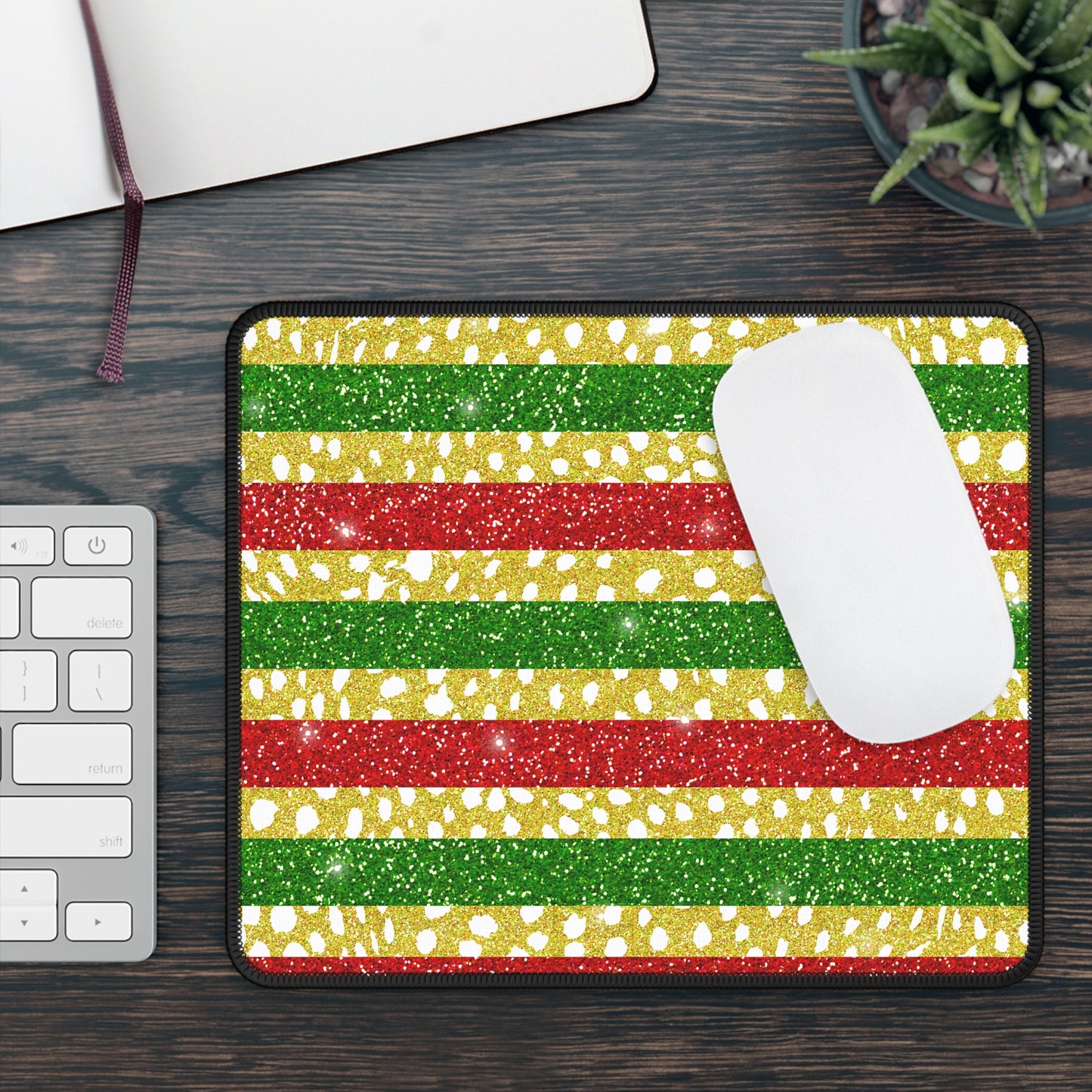 Holiday Glitter Stripes Mouse Pad – 9x7 Neoprene Desk Mat for Festive Workspaces