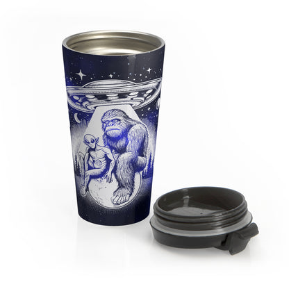 Alien and Bigfoot UFO Stainless Steel Travel Mug – 15oz