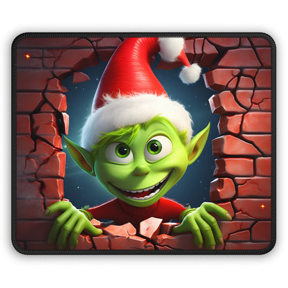Curious Christmas Goblin Breaking Through Brick Wall Mouse Pad