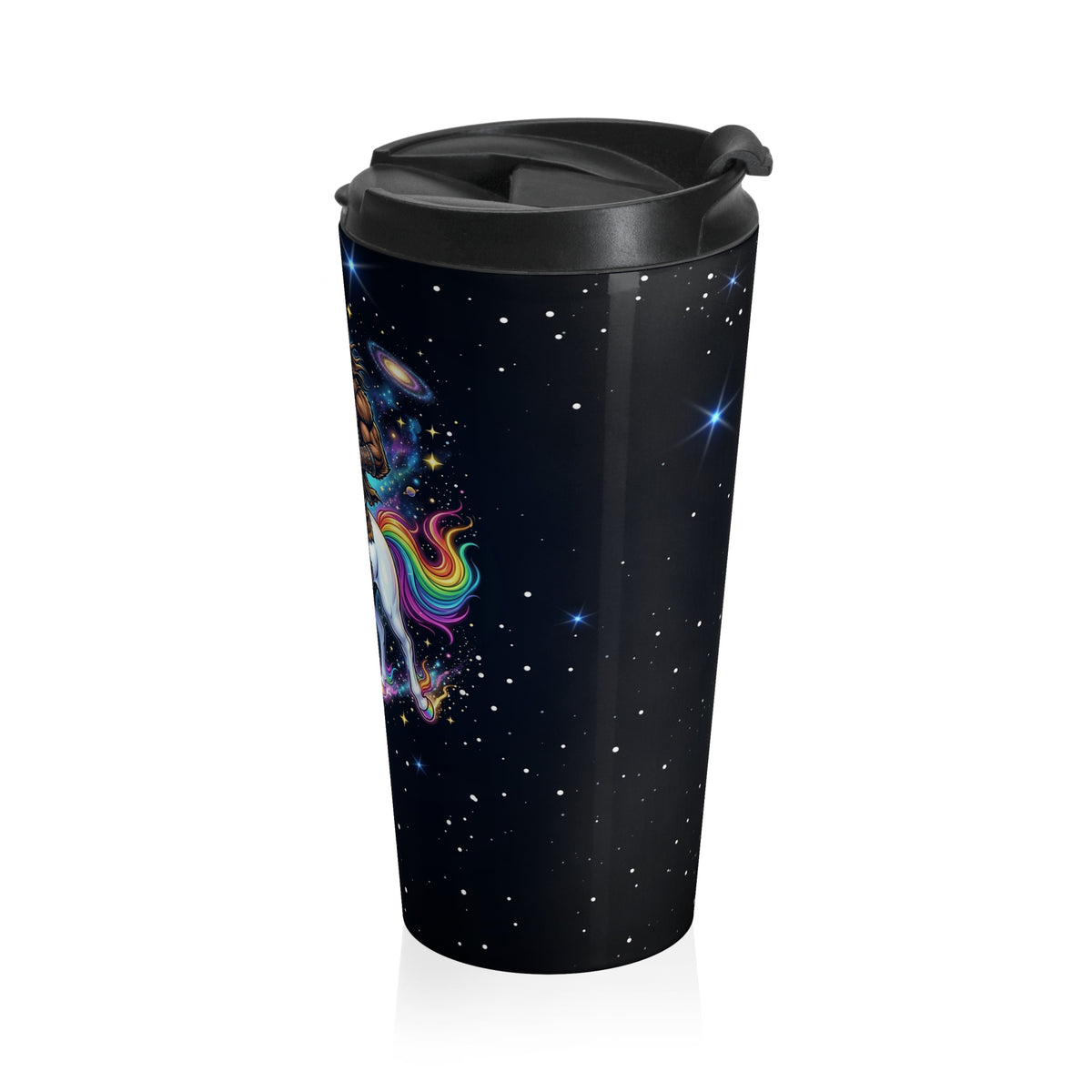 Bigfoot Riding a Unicorn Through Space Travel Mug