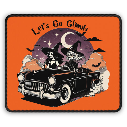Let’s Go Ghouls Mouse Pad – 9x7 Neoprene Desk Mat with Retro Witch Car Design