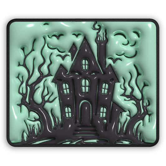 Haunted House Mouse Pad – 9x7 Neoprene Desk Mat with Spooky Mansion and Mint Green Design