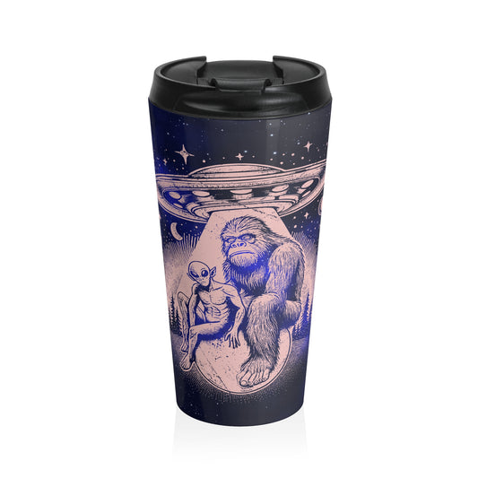 Alien and Bigfoot UFO Stainless Steel Travel Mug – 15oz