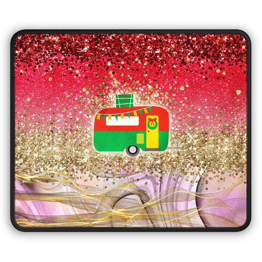 Christmas Camper Mouse Pad – 9x7 Neoprene Desk Mat with Red and Gold Glitter Design