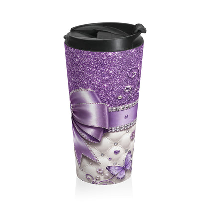 Purple Glam Heart & Bow Stainless Steel Travel Mug