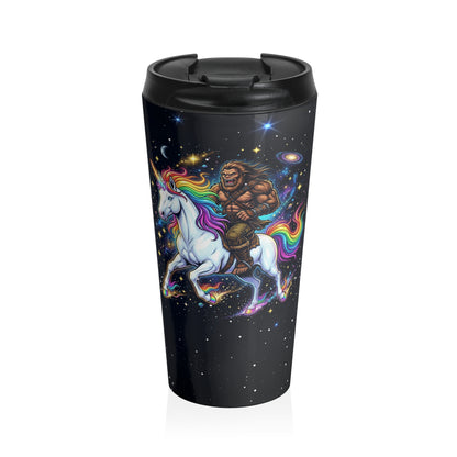 Bigfoot Riding a Unicorn Through Space Travel Mug