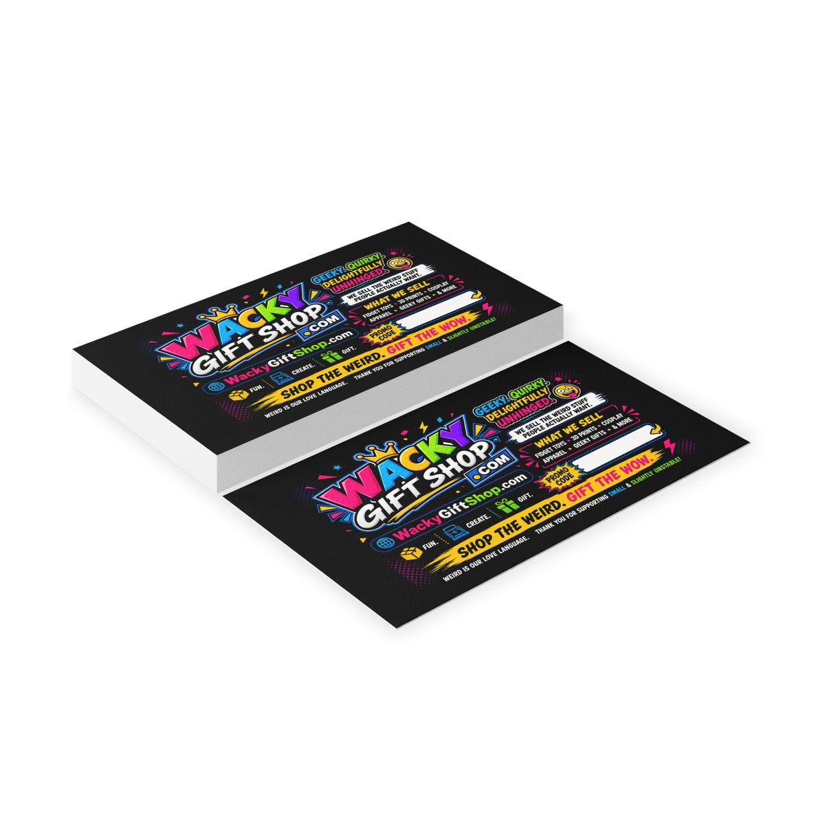 Wacky Gift Shop Business Cards — Bright Neon Promotional Card for Quirky Retail & Events