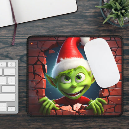 Curious Christmas Goblin Breaking Through Brick Wall Mouse Pad