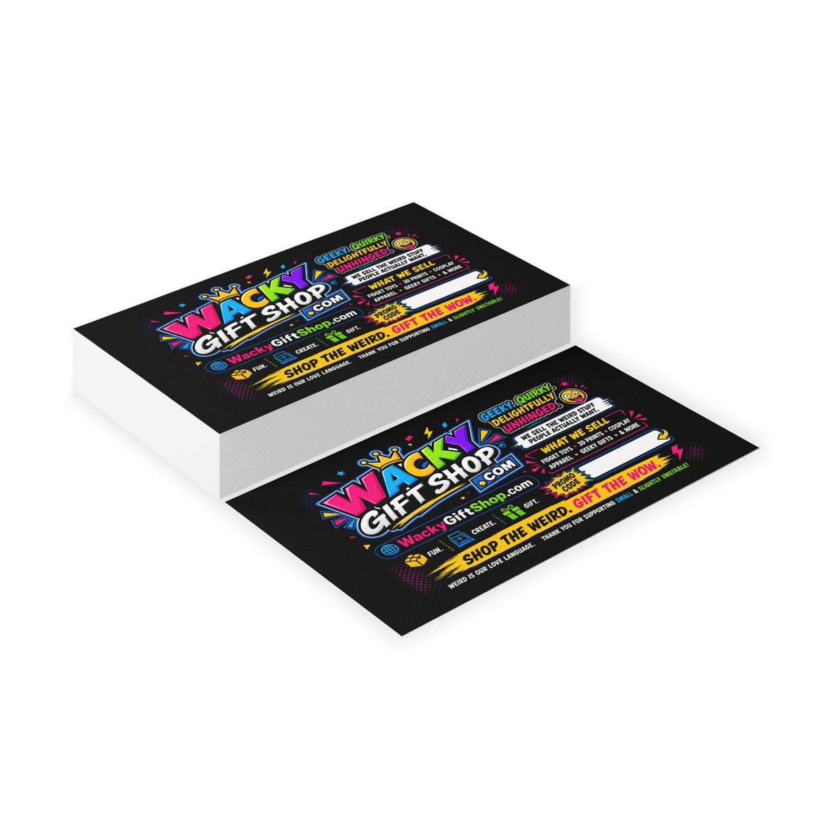 Wacky Gift Shop Business Cards — Bright Neon Promotional Card for Quirky Retail & Events