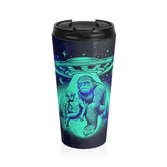 Alien and Bigfoot UFO Stainless Steel Travel Mug – 15oz