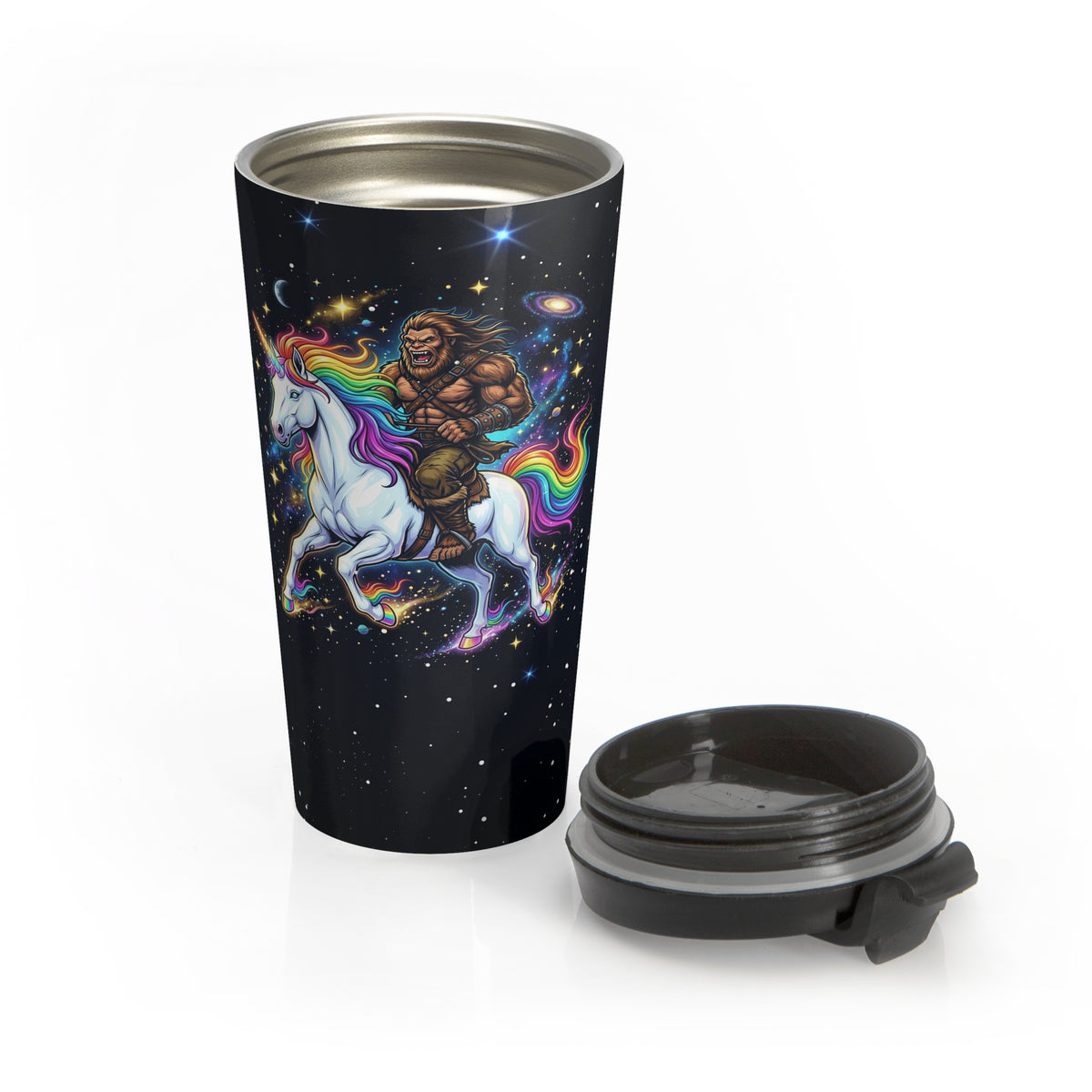 Bigfoot Riding a Unicorn Through Space Travel Mug