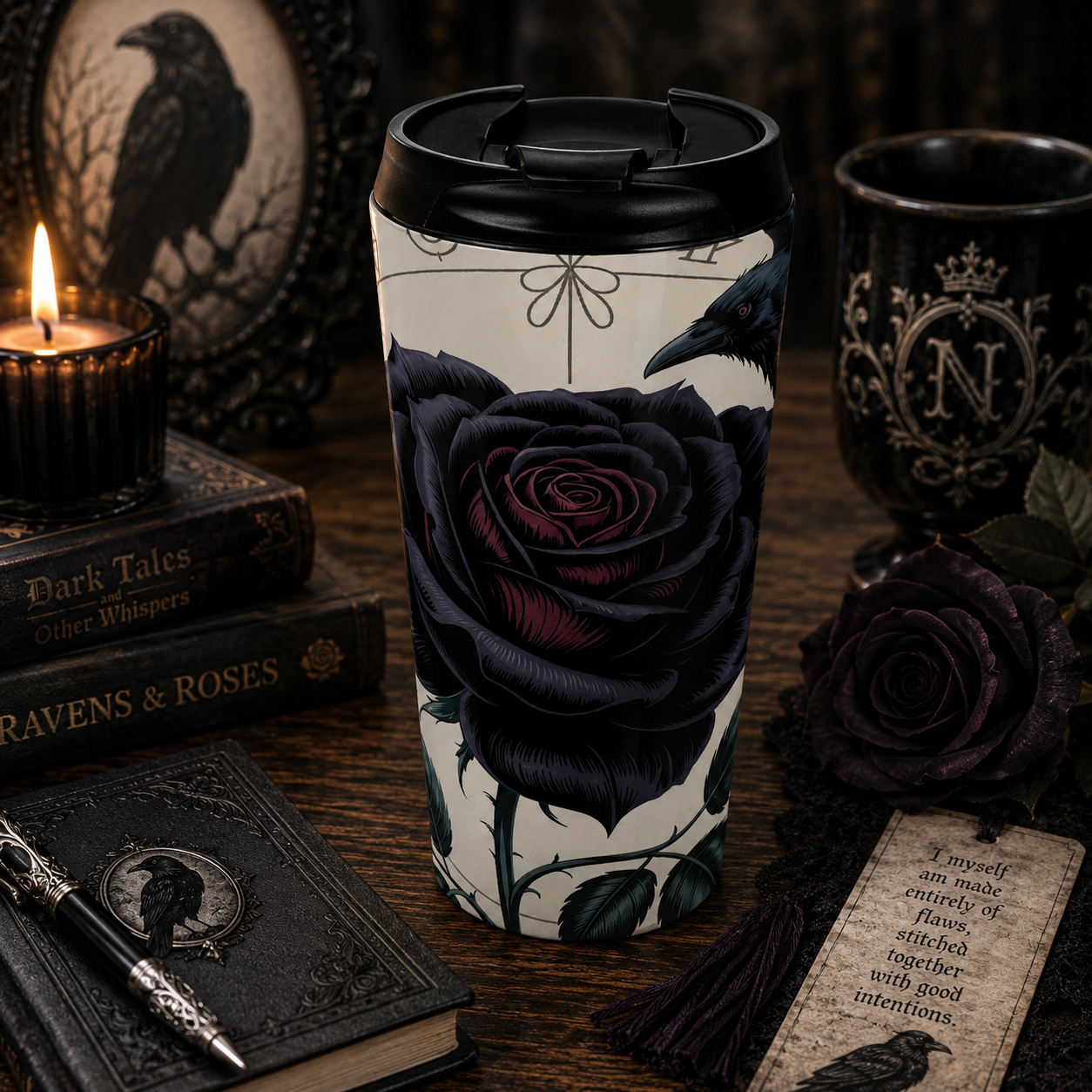 Gothic Black Rose & Raven Stainless Steel Travel Mug (15oz)