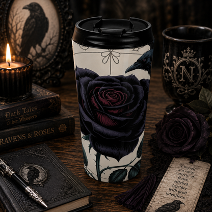 Gothic Black Rose & Raven Stainless Steel Travel Mug (15oz)