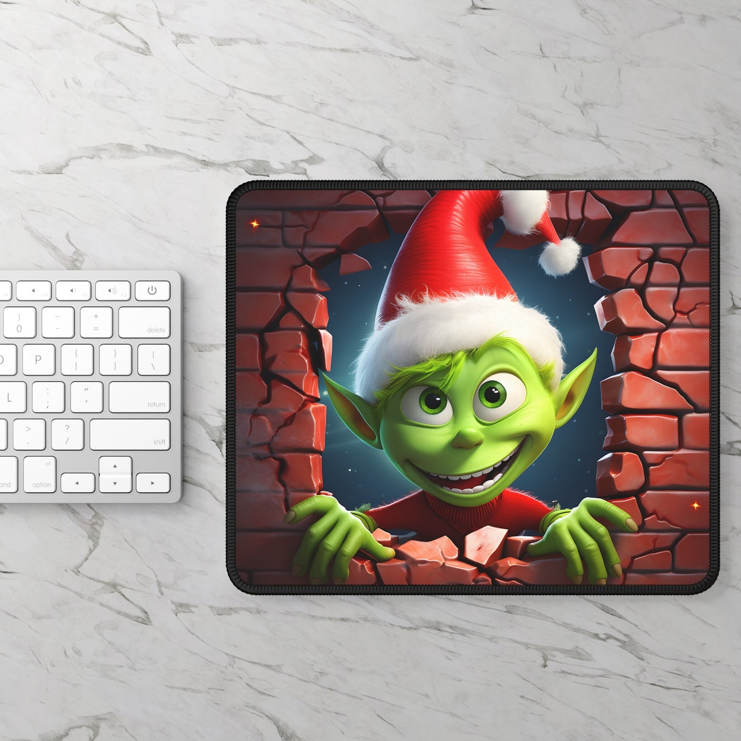 Curious Christmas Goblin Breaking Through Brick Wall Mouse Pad