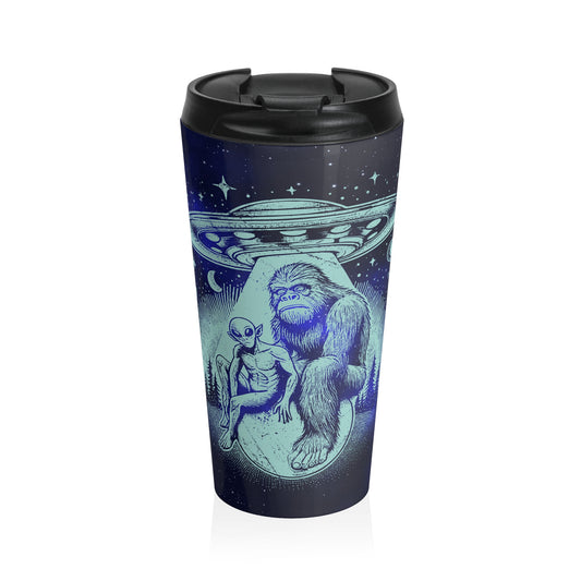 Alien and Bigfoot UFO Stainless Steel Travel Mug – 15oz
