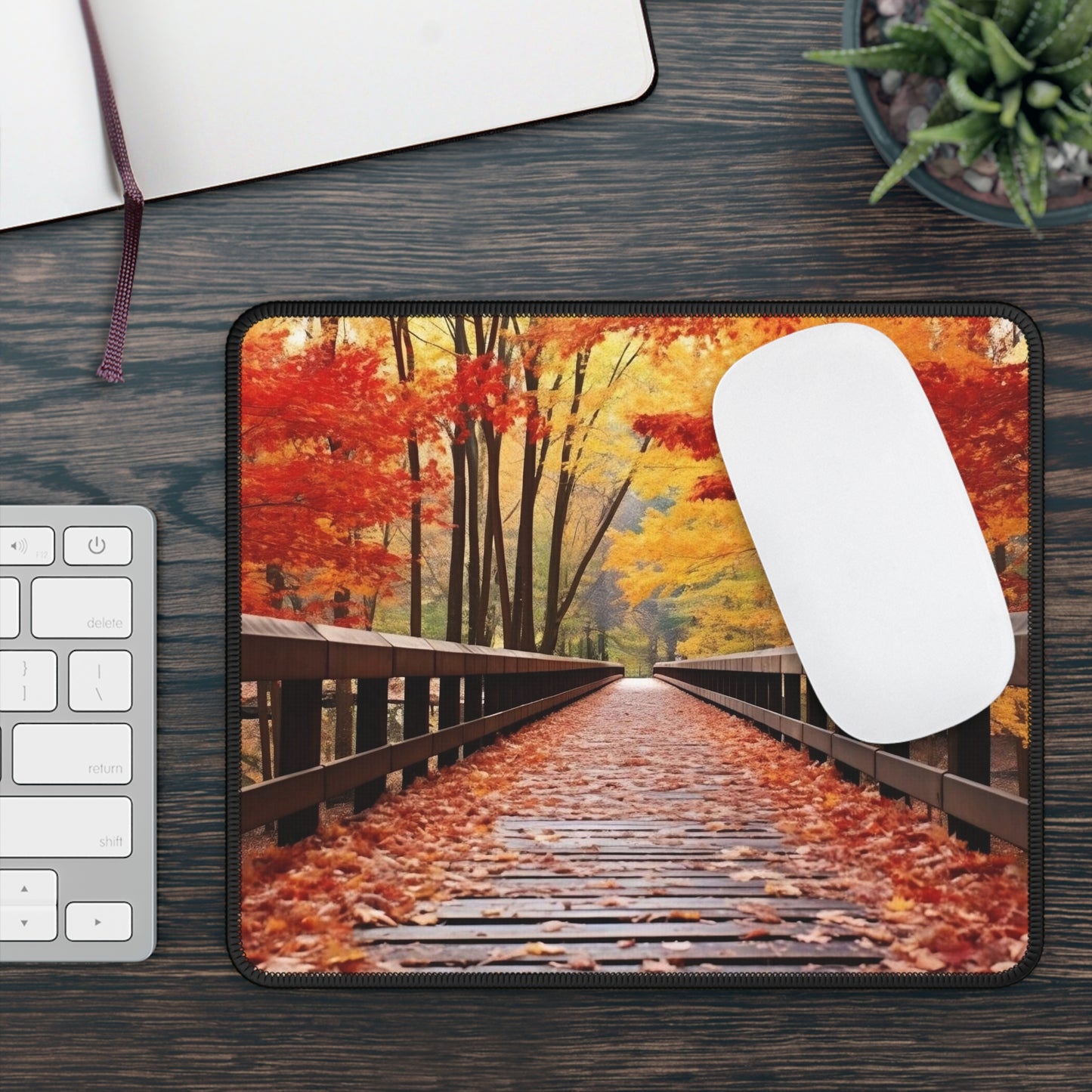 Autumn Forest Bridge Mouse Pad