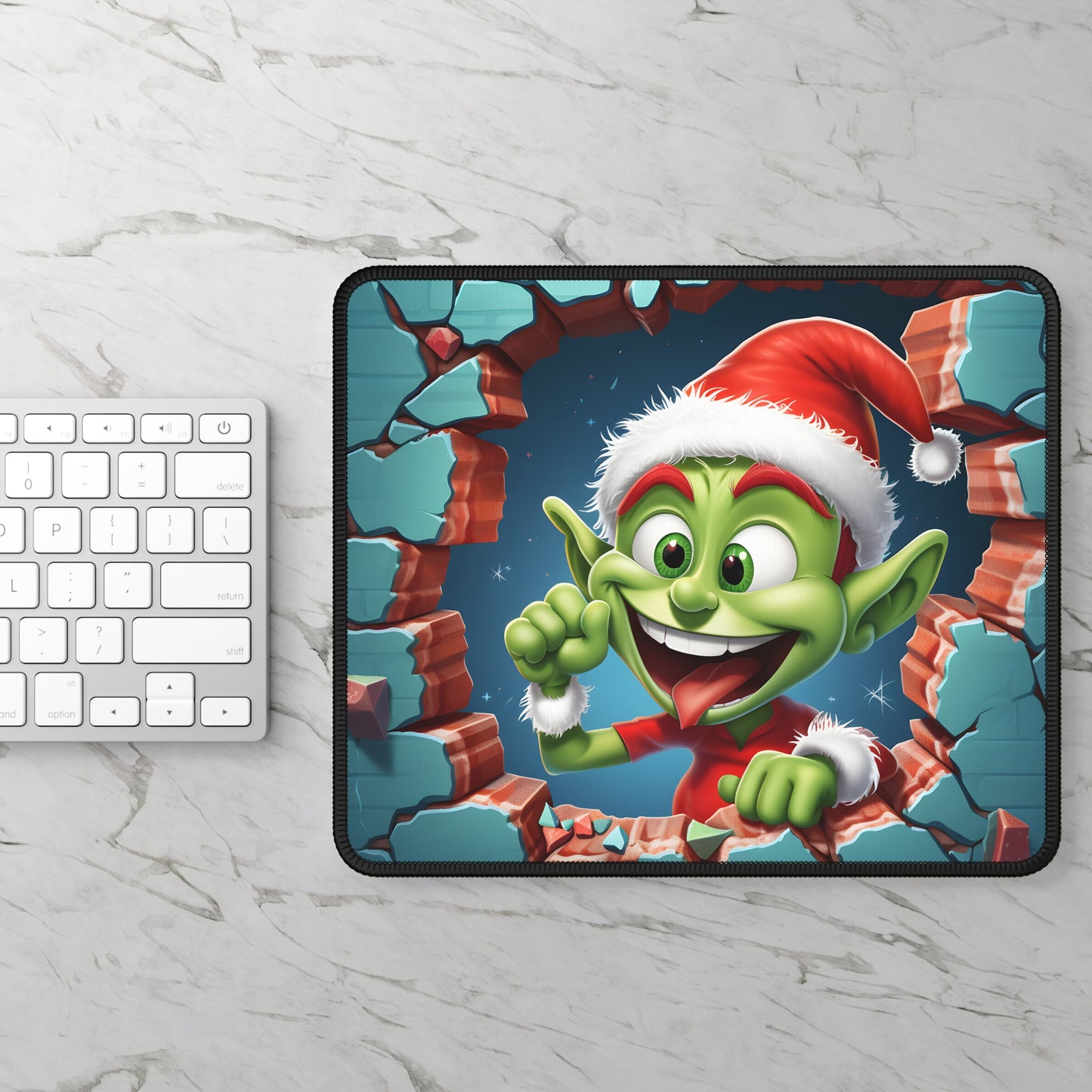 Silly Christmas Goblin Breaking Through the Wall Mouse Pad