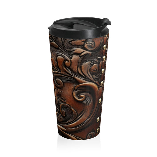 Western Tooled Leather Travel Mug