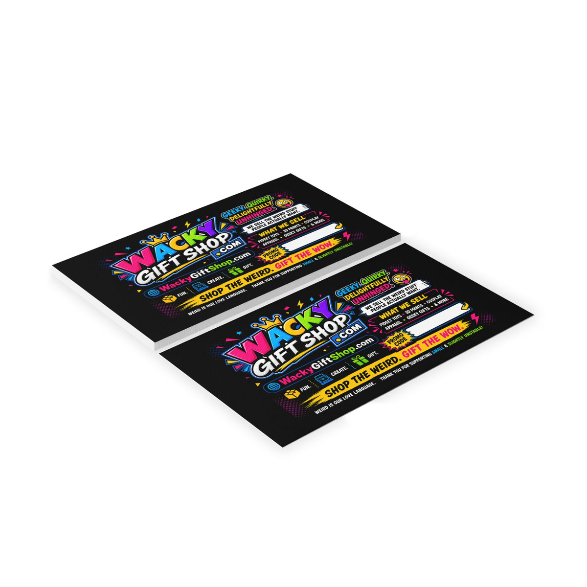 Wacky Gift Shop Business Cards — Bright Neon Promotional Card for Quirky Retail & Events