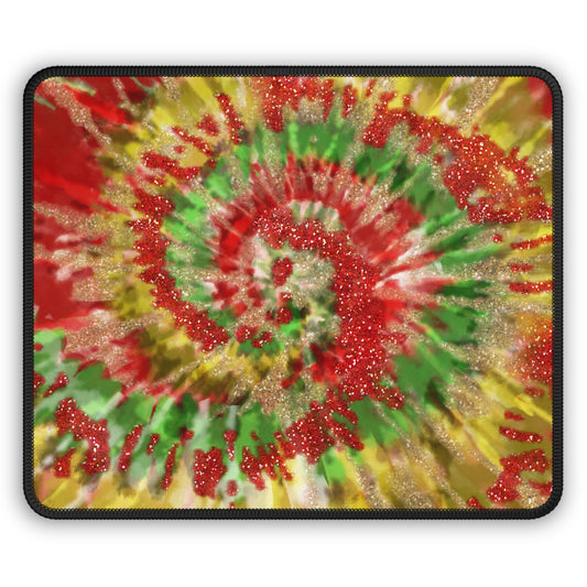 Golden Christmas Tie-Dye Mouse Pad – 9x7 Neoprene Desk Mat with Red, Green, and Gold Spiral Design