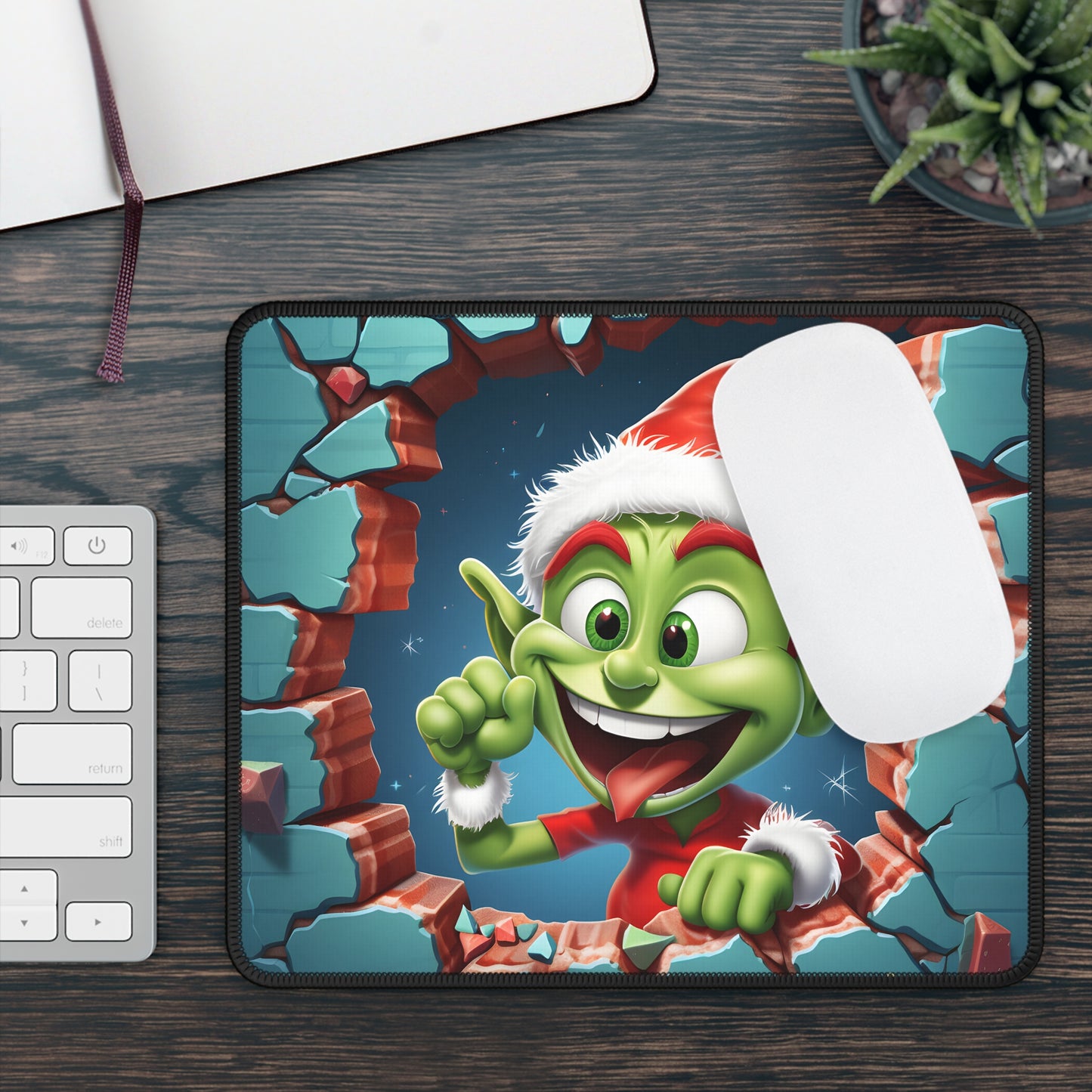Silly Christmas Goblin Breaking Through the Wall Mouse Pad