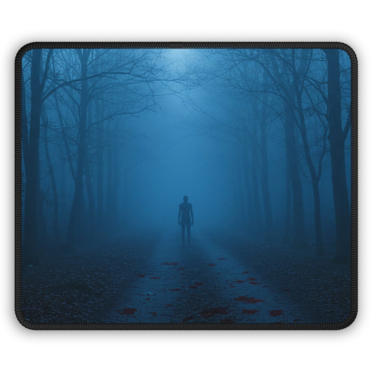 Midnight Stalker Mouse Pad – 9x7 Neoprene Desk Mat with Creepy Forest and Blue Mist Design
