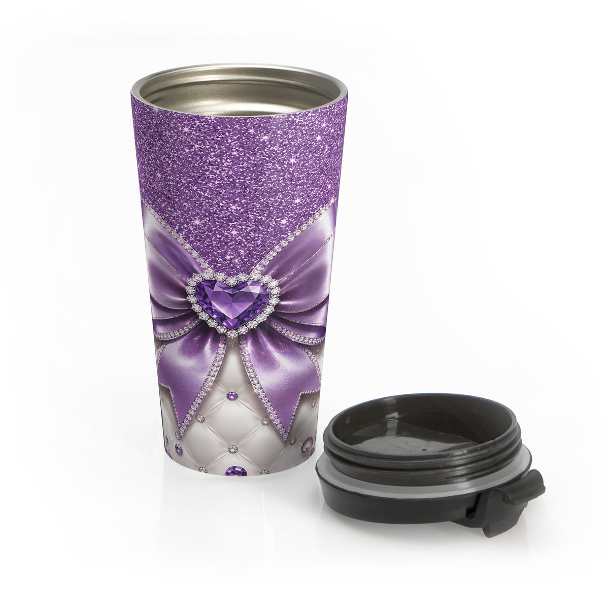 Purple Glam Heart & Bow Stainless Steel Travel Mug