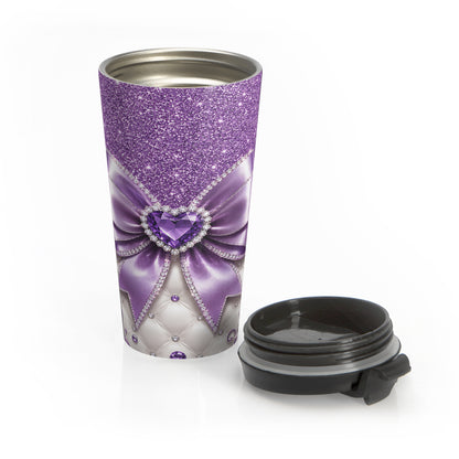 Purple Glam Heart & Bow Stainless Steel Travel Mug