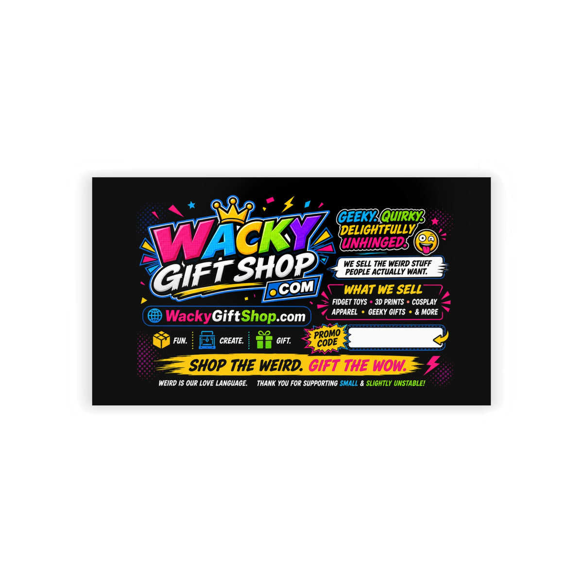 Wacky Gift Shop Business Cards — Bright Neon Promotional Card for Quirky Retail & Events