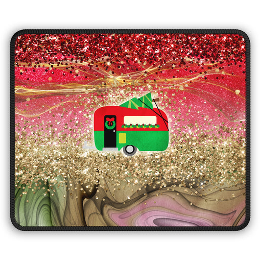 Holiday Camper Mouse Pad – 9x7 Neoprene Desk Mat with Red and Gold Glitter Design