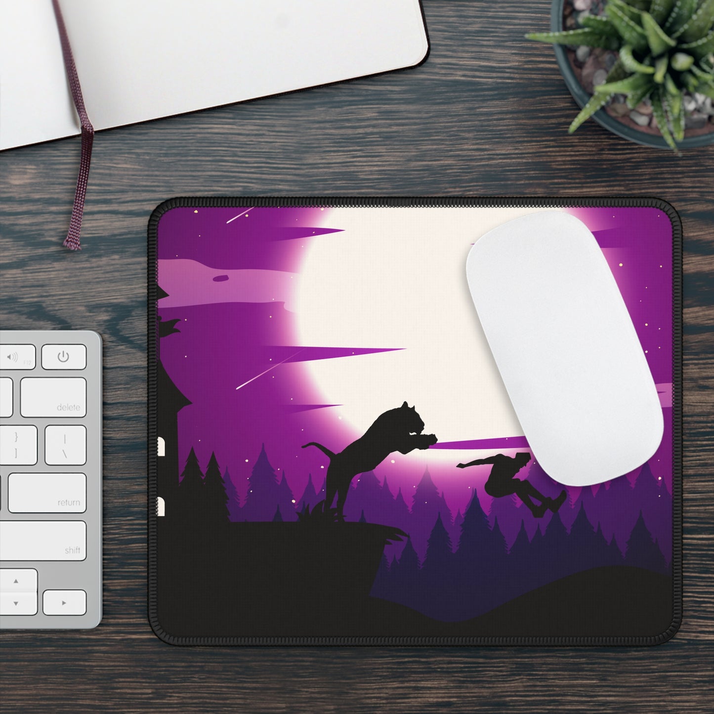 Midnight Hunt Mouse Pad – 9x7 Neoprene Desk Mat with Werewolf and Full Moon Design