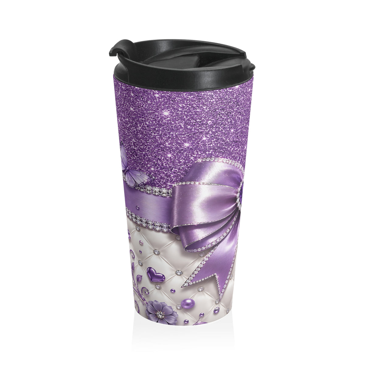 Purple Glam Heart & Bow Stainless Steel Travel Mug