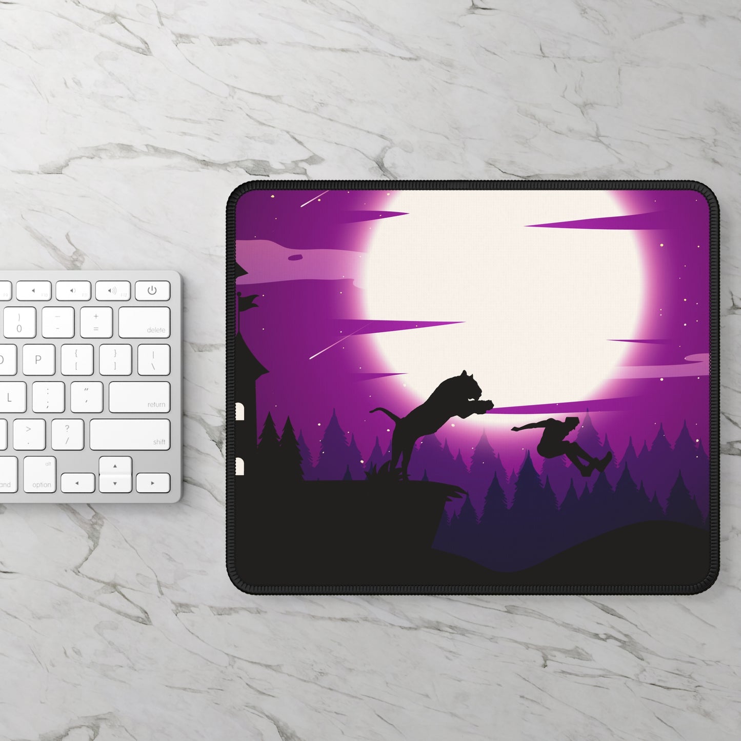 Midnight Hunt Mouse Pad – 9x7 Neoprene Desk Mat with Werewolf and Full Moon Design