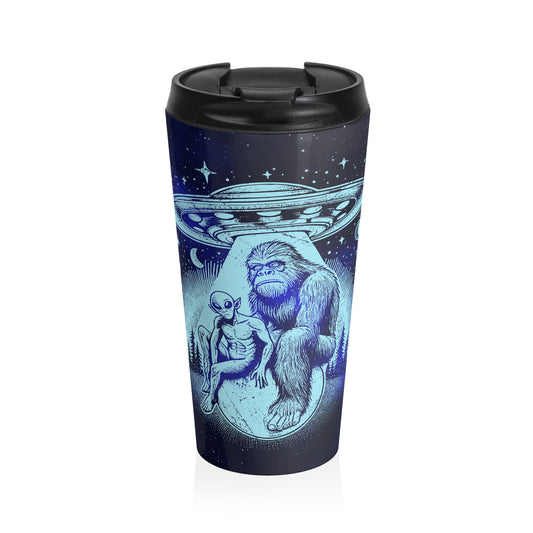 Alien and Bigfoot UFO Stainless Steel Travel Mug – 15oz