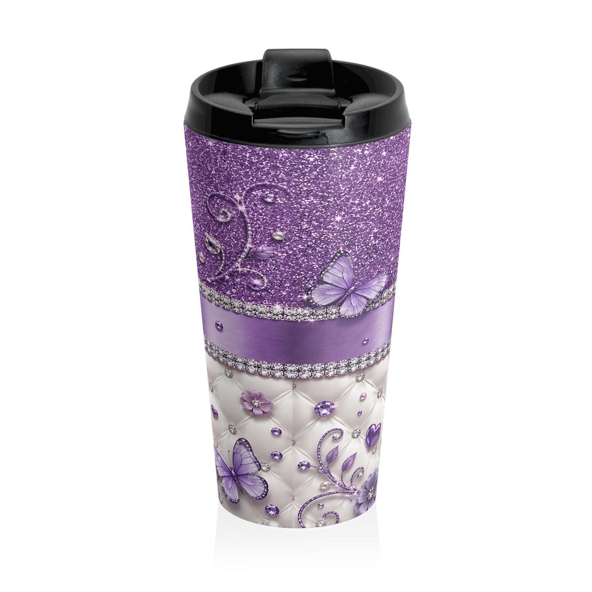Purple Glam Heart & Bow Stainless Steel Travel Mug
