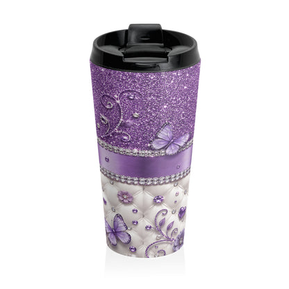 Purple Glam Heart & Bow Stainless Steel Travel Mug