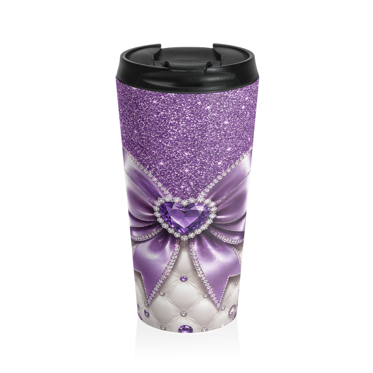 Purple Glam Heart & Bow Stainless Steel Travel Mug