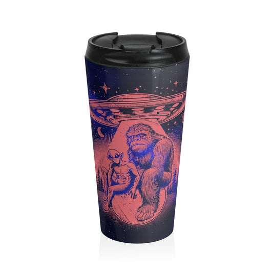 Alien and Bigfoot UFO Stainless Steel Travel Mug – 15oz
